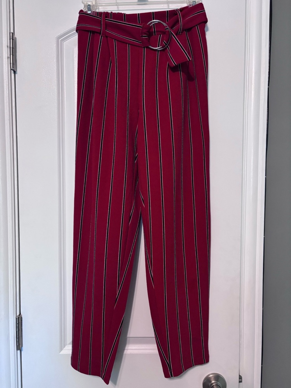 Ultra Flirt High-Waist Belted Stripe Trousers - Red Size Small